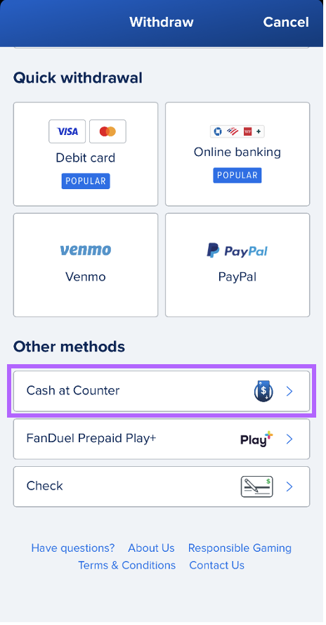 How do you withdraw using Cash at Counter?